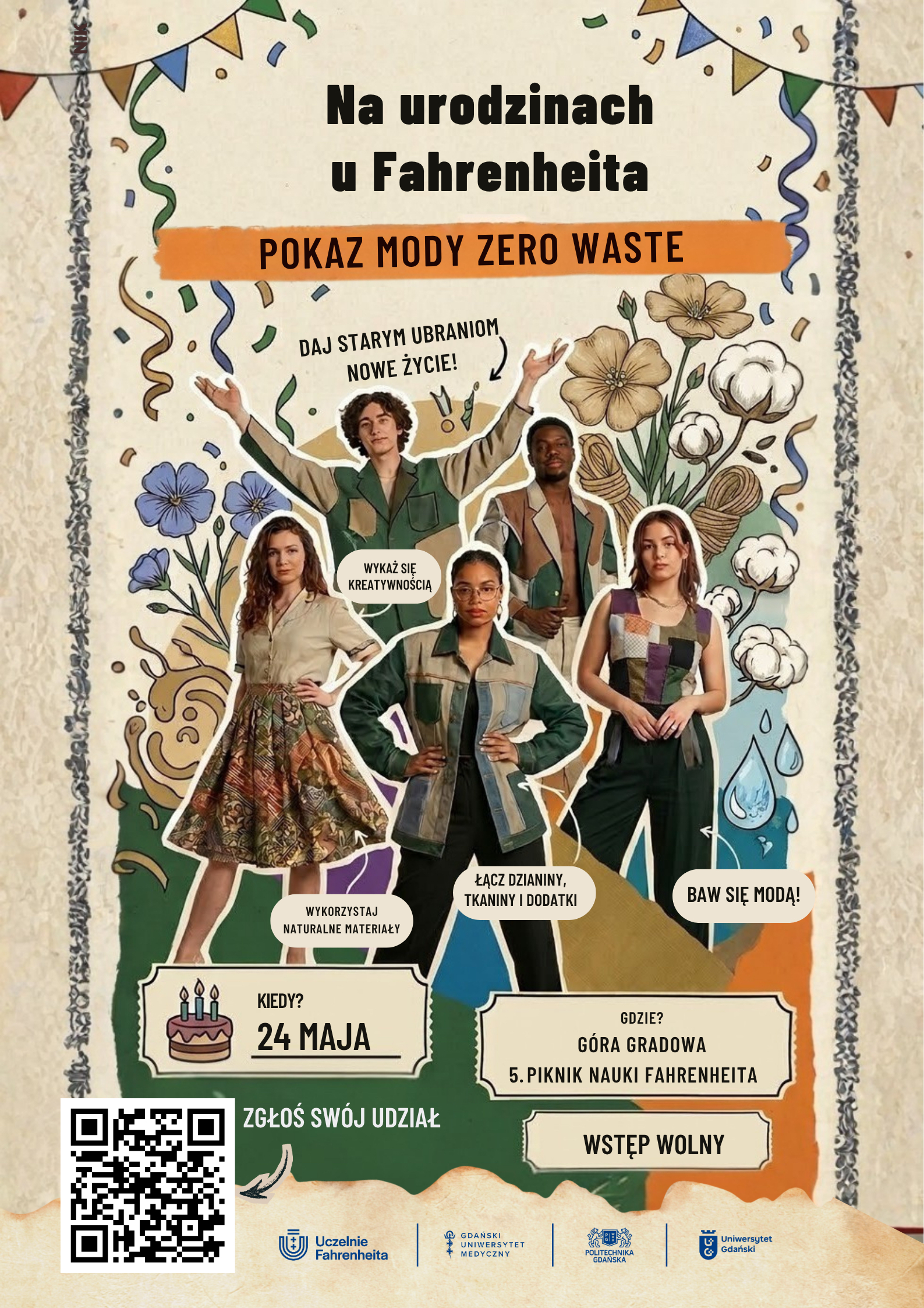 Plakat informujący o pokazie mody zero waste "Na urodzinach u Fahrenheita"