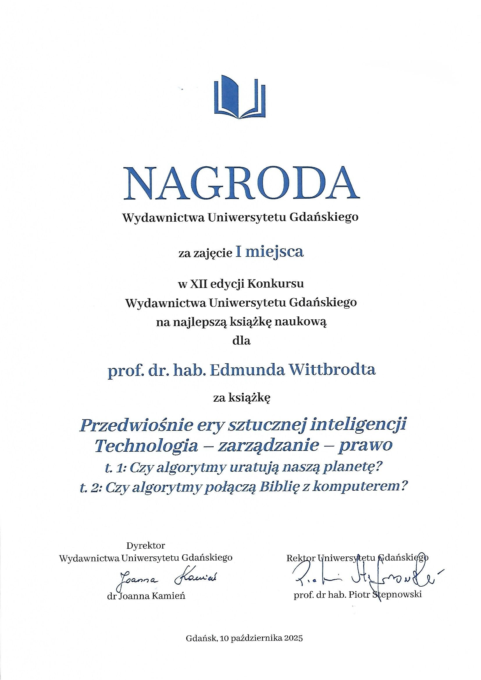 Skan dokumentu o nagrodzie dla prof. E. Wittbrodta