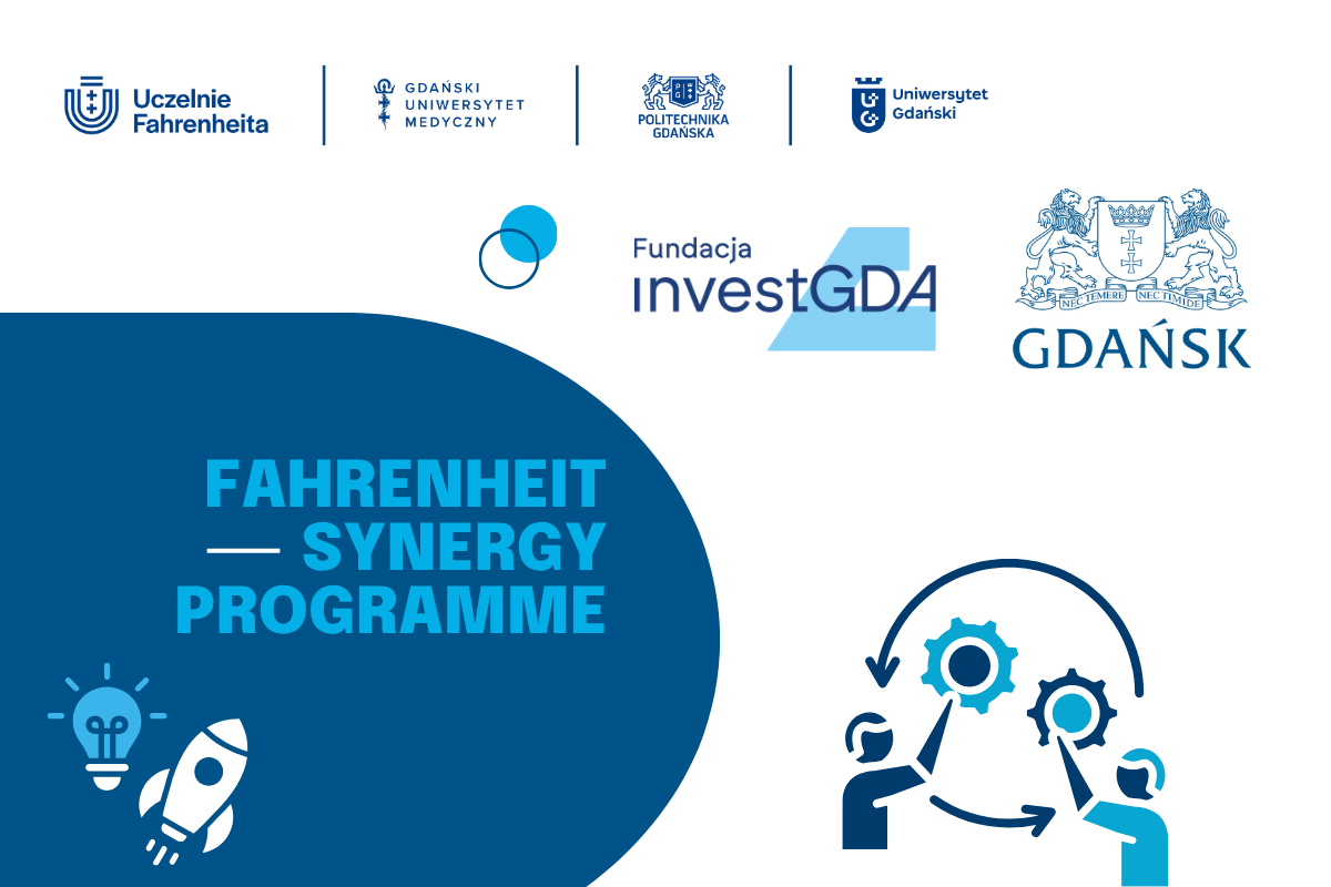 baner z napisem Fahrenheit Synergy Programme i logotypami FarU, Fundacji InvestGDA i Miasta Gdańska