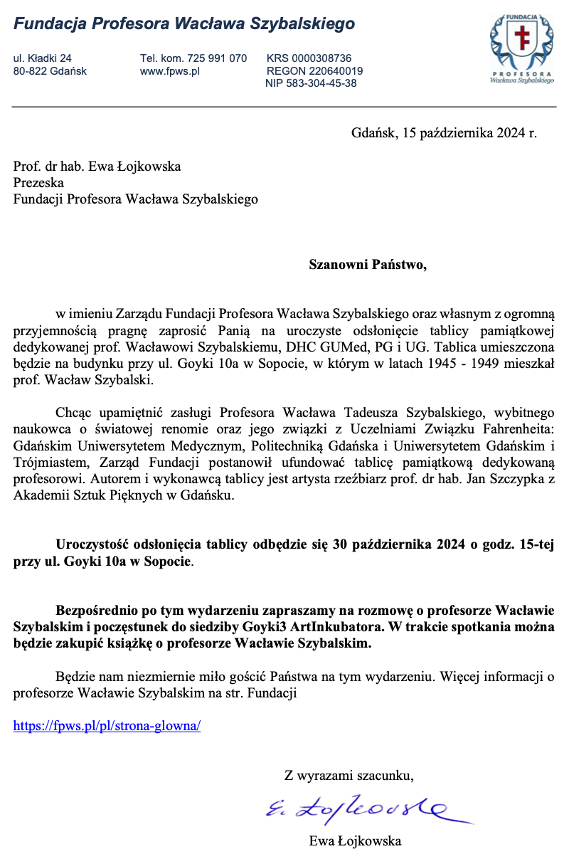 informacja o odsłonięciu tablicy pamiątkowej prof. W. Szybalskiego